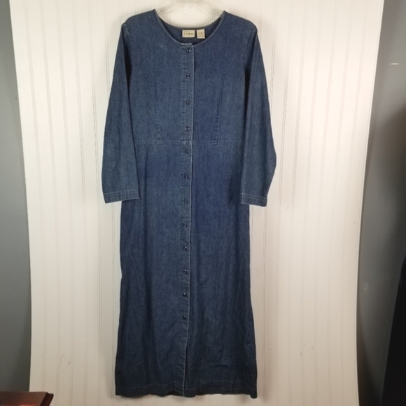 LL Bean Womens Maxi Dress Size 12 Denim Long Sleeve Button Front Modest Western - Picture 14 of 14